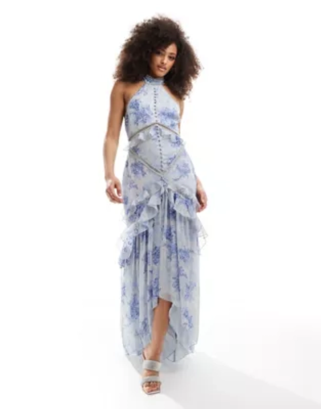 ASOS DESIGN lace insert halter tiered maxi dress with circle trim in vintage floral print | ASOS