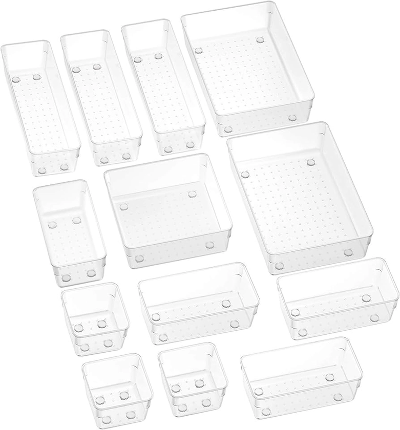 SMARTAKE 13-Piece Drawer Organizers with Non-Slip Silicone Pads, 5-Size Desk Drawer Organizer Trays Storage Tray for Makeup, Jewelries, Utensils in Bedroom Dresser, Office and Kitchen, Clear