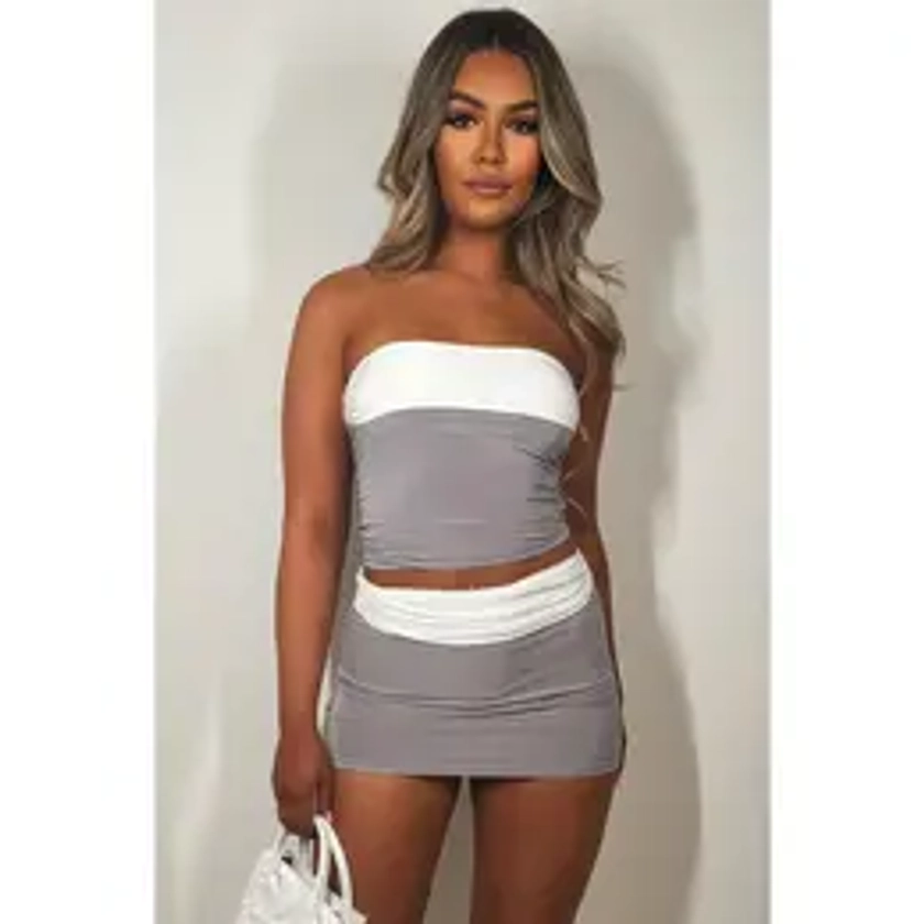 Contrast Fold Detail Skirt And Bandeau Top Co Ord Set Grey