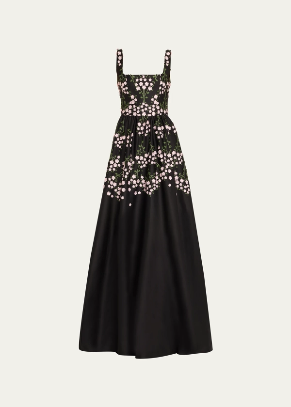 Marchesa Notte Square-Neck Embroidered Floral Applique Gown