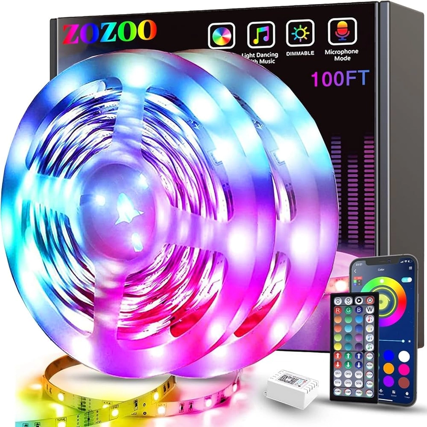 Amazon.com: ZOZOO 100ft Led Lights for Bedroom(2 Rolls of 50ft), Smart RGB Led Strip Lights with 44-Key Remote & APP Control Music Sync with Color Changing for Home Party Festival Decoration : Tools & Home Improvement