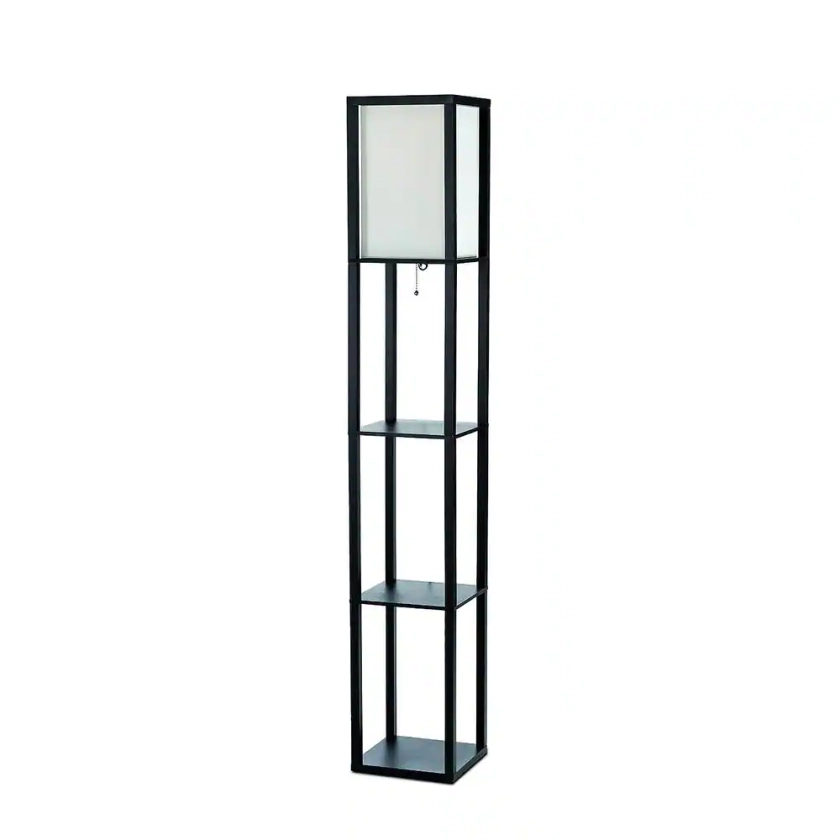 Simple Designs 62.5 in. Black Floor Lamp Etagere Organizer Storage Shelf with Linen Shade LF1014-BLK - The Home Depot