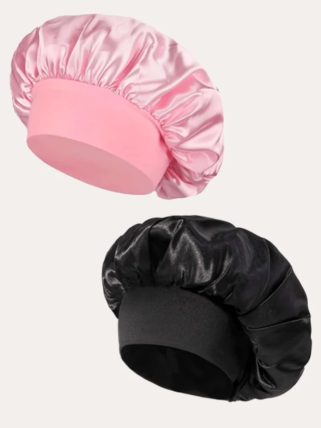 1/2/4/6/8pcs Women Solid Color Stretch Satin Sleep Bonnet Wide Brim Casual Comfortable Breathable Hair Care Cap