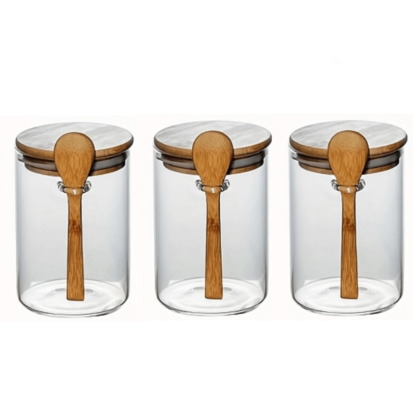 1pc/2pcs/3pcs Round Glass Airtight Jars With Wooden Spoon, Food Storage Jars, Kitchen Household Tea Jars, Decorative & Durable Borosilicate Glass Cani