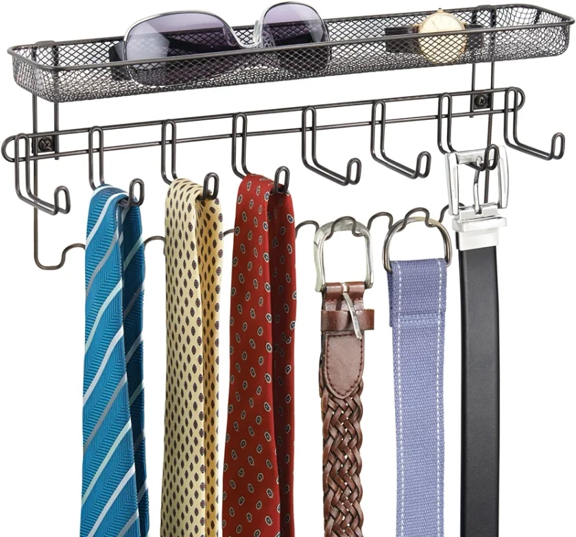 mDesign Closet Wall Mount Men's Accessory Storage Organizer Rack - Holds Belts, Neck Ties, Watches, Change, Sunglasses, Wallets - 19 Hooks and Basket - Bronze