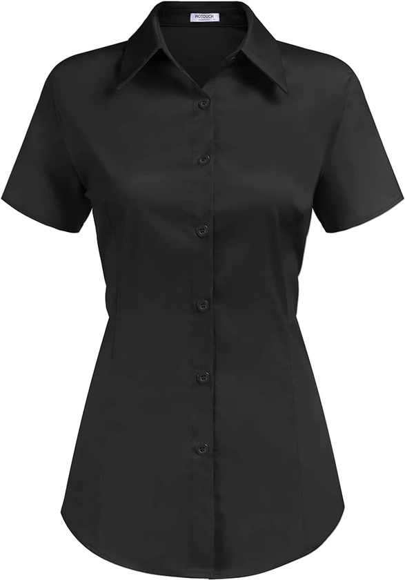 HOTOUCH Womens Cotton Button Down Fitted Button Up Server Uniform Shirt A-Black, X-Large, Short Sleeve at Amazon Women’s Clothing store