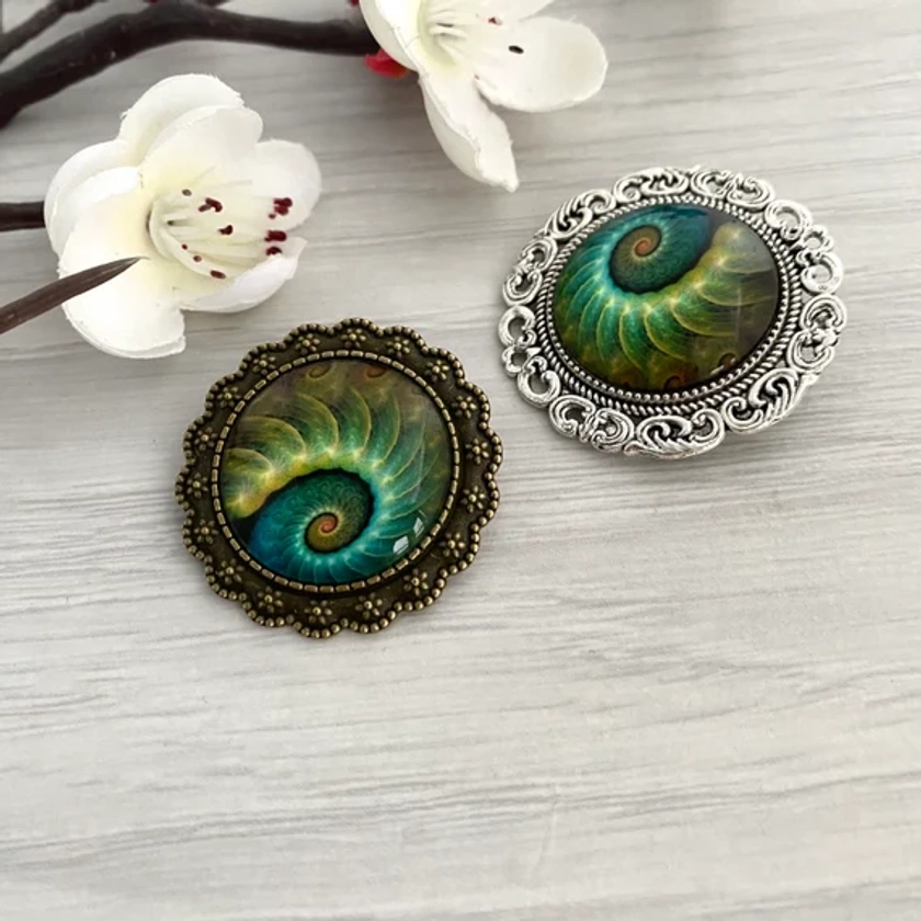 Large emerald green vintage style fossil brooch, Brooches for women in the UK, Inexpensive present, Ammonite decorative shawl pin