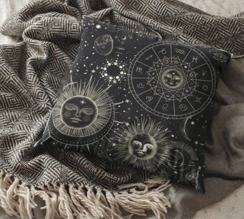 Zodiac Throw Pillow | Astrology Faux Suede Pillow | Dark Academia Throw Pillow | Gothic Pillow | Tarot Aesthetic Throw Pillow | Celestial