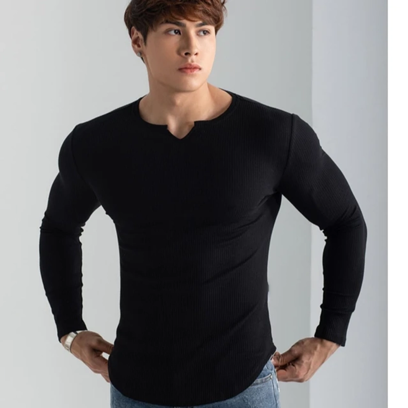 Men Summer Slim Fit Fashion Long Sleeved Top Fitness Motion Hip Hop Streetwear Running And Fitness V Neck Trend Top - AliExpress 200000343