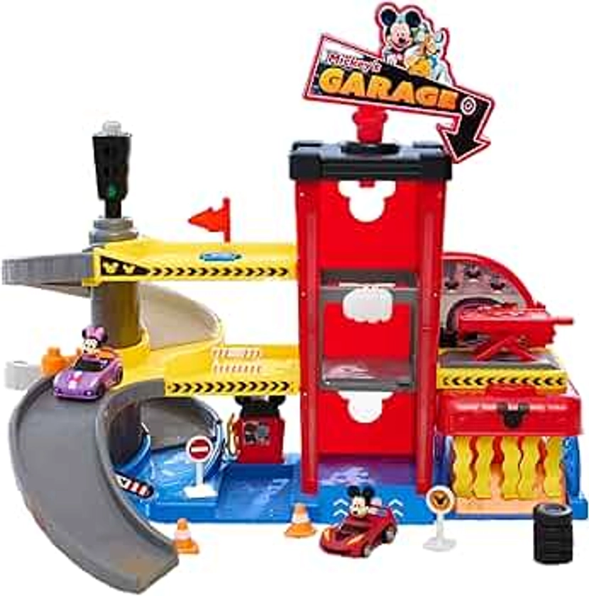 Just Play Disney Junior Mickey Mouse Ready to Race Toy Car Garage, Lights and Sounds, 18-Piece Vehicle Playset for Kids Ages 3 Up