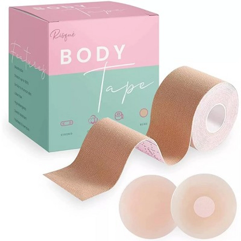 Risque Original Beige Breast Lift Tape with 1 Free Pair of Reusable Nipple Covers, Boob Tape for Breast Lift, Waterproof & Sweat-Proof Body Tape, 1ct