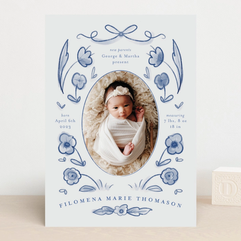 "Painted Flowers" - Customizable Birth Announcements in Blue by Ani Somi.