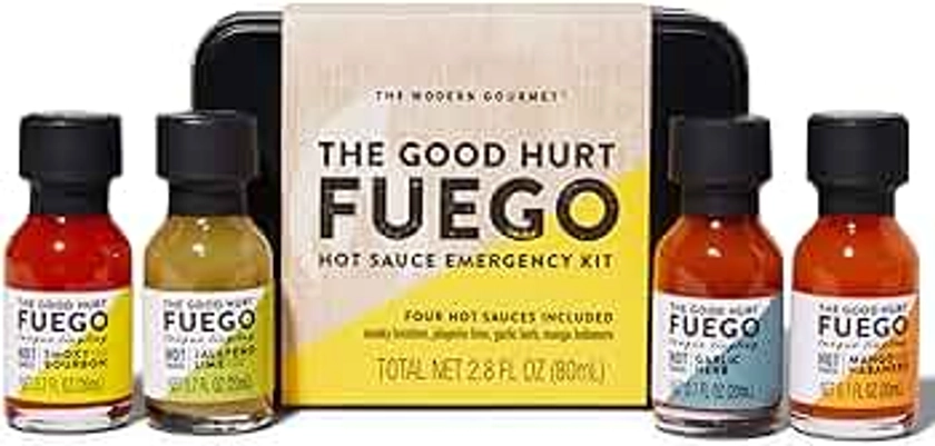 The Good Hurt Fuego by Thoughtfully, Emergency Kit Hot Sauce Gift Set, Flavors Include Smoky Bourbon, Jalapeno Lime, Mango Habanero, and Garlic Herb, Set of 4