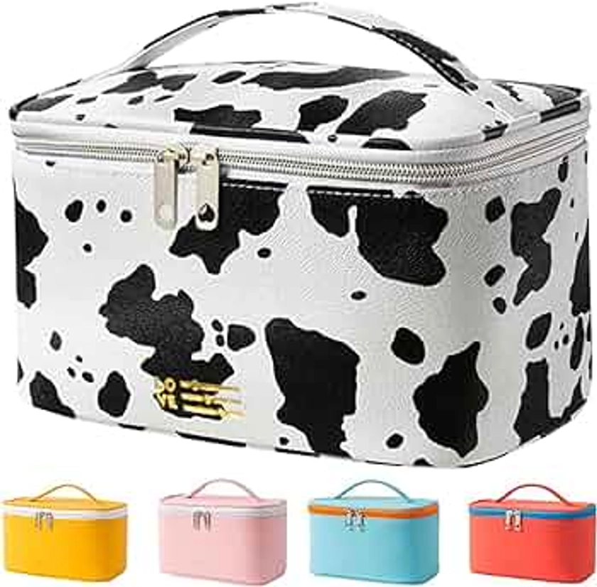 Meiyuuo Cute Makeup Bag Small Cosmetic Bags for Women Ladies Medium Pouch Toiletry Bag PU Waterproof Organizer (Cow Print)