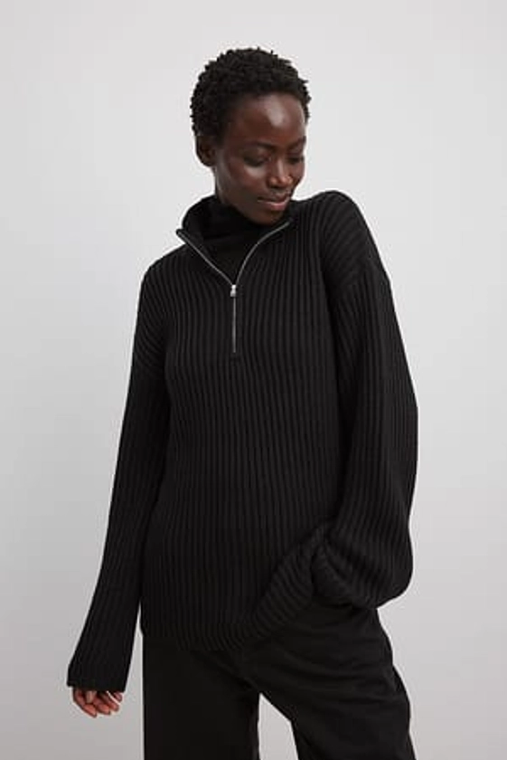 High Neck Zipped Knitted Sweater Black