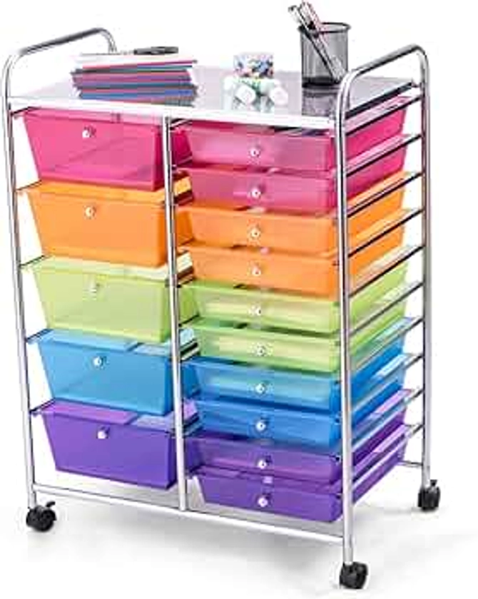 GOFLAME 15-Drawer Rolling Storage Cart, Multipurpose Movable Organizer Cart, Utility Cart for Home, Office, School, Rainbow