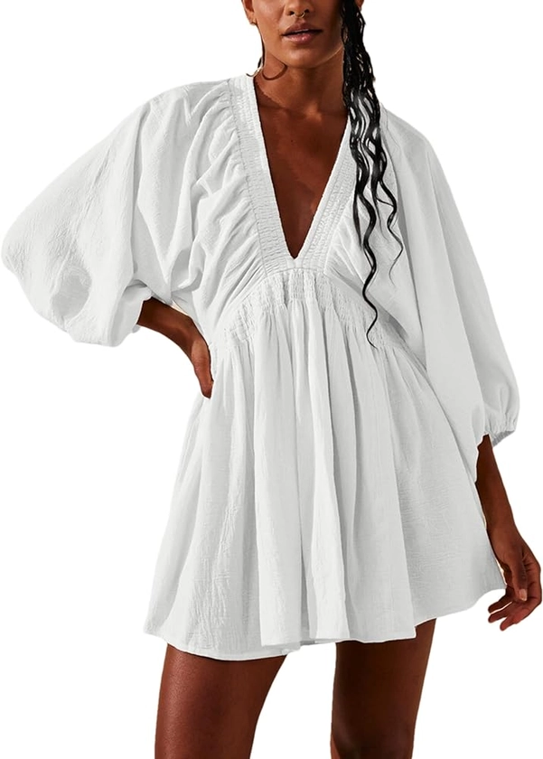 Women's Sexy Long Sleeve V Neck Tunic Dress Casual Loose Flowy Mini Swing Shift Dresses(0499-White-S)