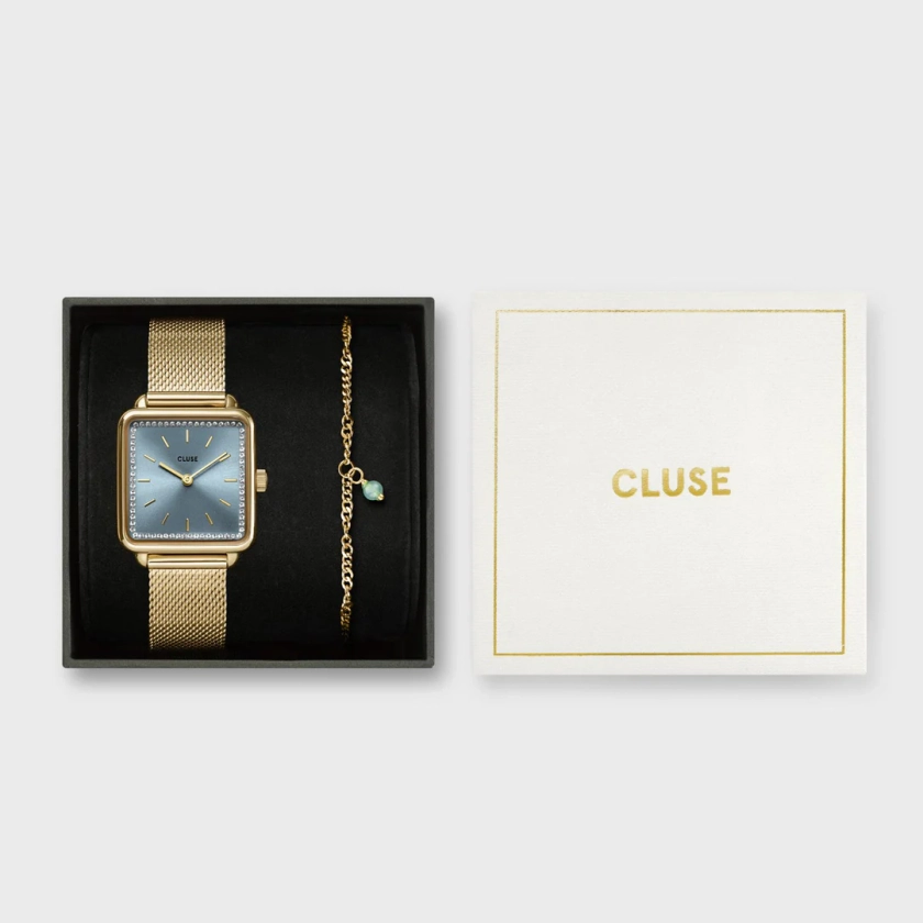 Gift Box La Tétragone Mesh Watch & Chain Bracelet, Gold Colour