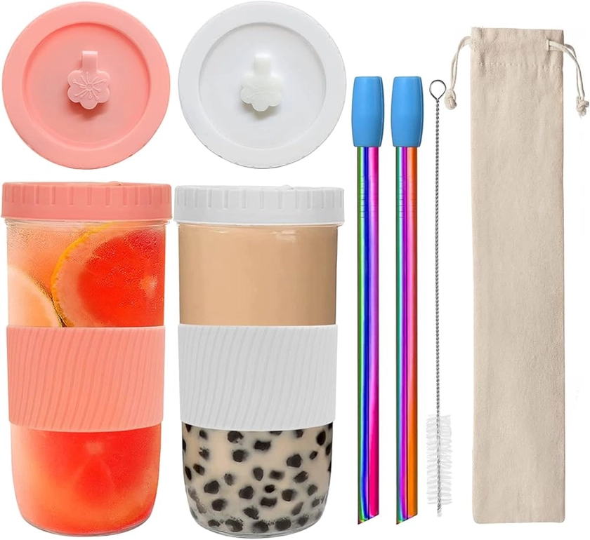 Sosayet Lot de 2 tasses à thé à bulles avec pailles, verres à smoothie, réutilisables pour boissons, pour café, milkshakes, jus, bière(rose, blanc)