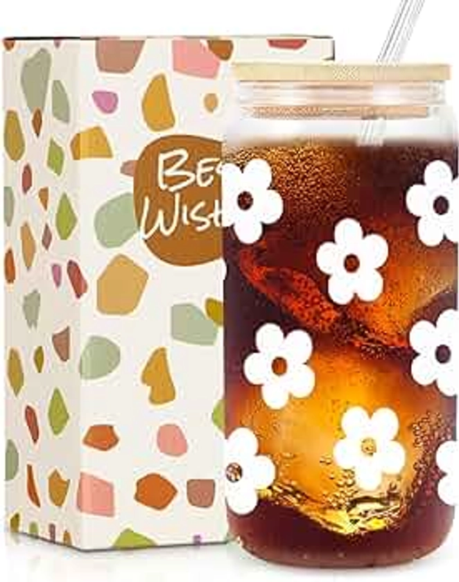 Daisy Glass Cup with Lid & Straw, Cute Gifts, Gifts for Friends Female, Best Friends Birthday Gifts, Iced Coffee Glass, Aesthetic Cups, Floral Glass Cup, 16oz Glass Cup - Daisy Gifts for Coffee Lover