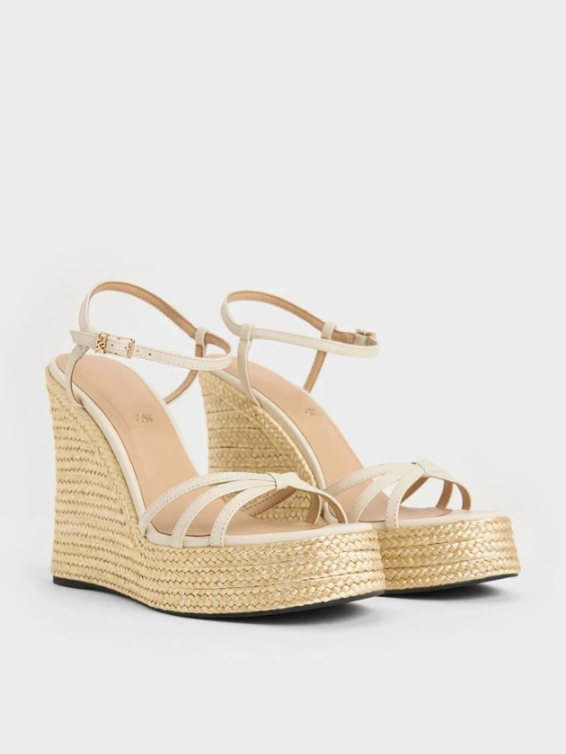 Leather Strappy Espadrille Wedges - White