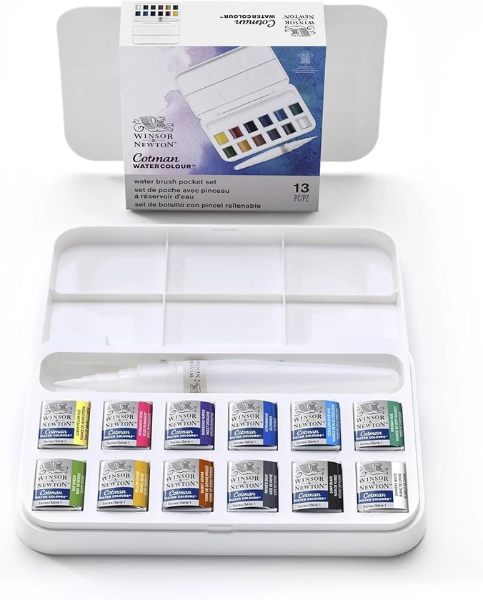 Winsor & Newton Cotman Aquarelle Set De Poche 12 Demi-Godets - Pinceau à Réservoir D'Eau