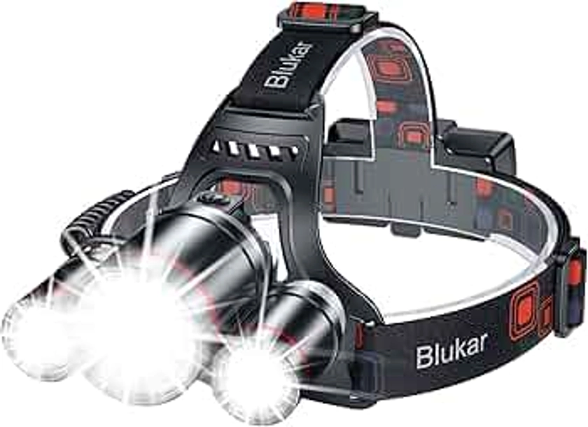 Blukar Head Torch Rechargeable, 8000L Super Bright Headlamp with 3 Lights 5 Modes, 4400mAh Capacity Up to 18hrs Runtime - IPX6 Waterproof Adjustable Focus Headlight for Running, Hiking, Fishing etc.