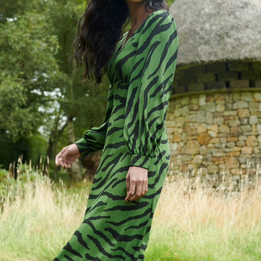 Green Zebra Print V-Neck Midi Dress