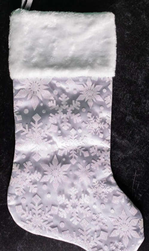 20” White Snowflake Glitter Print on Sheer Organza Stocking