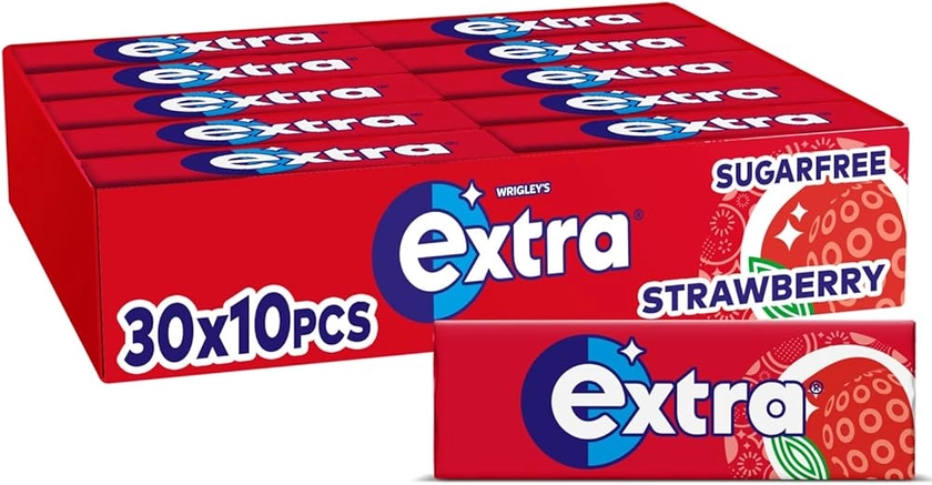Extra Chewing Gum, Sugar Free, Strawberyy Flavour, Chewing Gum Bulk, 30 Packs of 10 Pieces