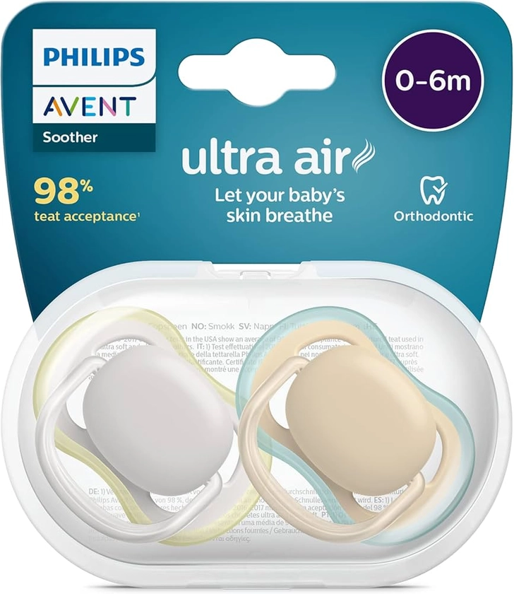 Philips Avent Lot de 2 sucettes Ultra Air sans BPA pour les bébés âgés de 0 à 6 mois, Gris/Jaune (modèle SCF085/15) : Amazon.fr: Bébé et Puériculture