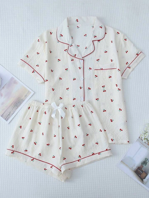 Cherry Printed Sweet Sleepwear Set With Lapel Button Up Top And Bowknot Shorts For Women | SHEIN UK
