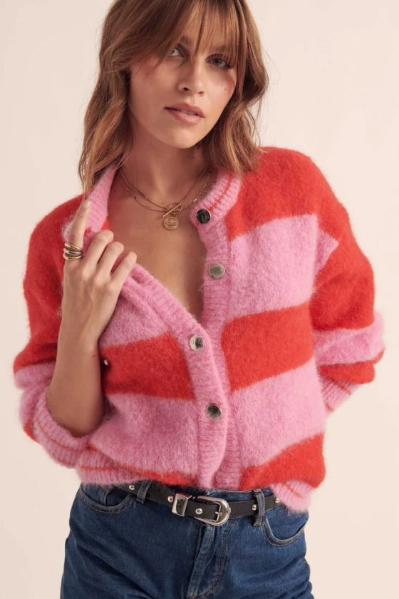 Cardigan Douceur rayures rose et rouge