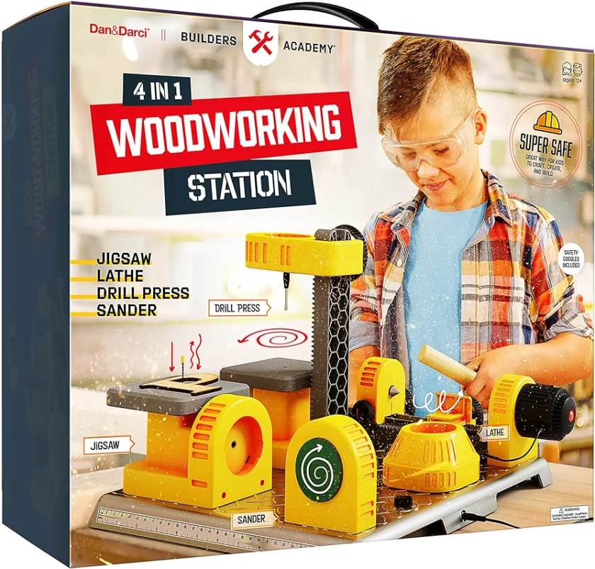 4 in 1 Woodworking Station for Kids - Wood Building Projects Kit for Boys - Real Construction Tools Sets - Boy Tool Set - Easter Gifts for Boy Age Year Old - Cool STEM Toys Kits Birthday Gift Ideas