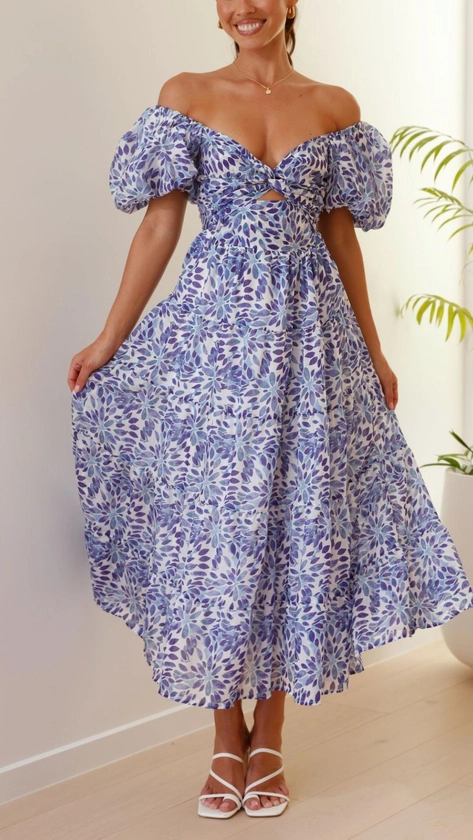 Toperth Blue Leafy Puff Sleeve Maxi Dress &ndash; Toperth