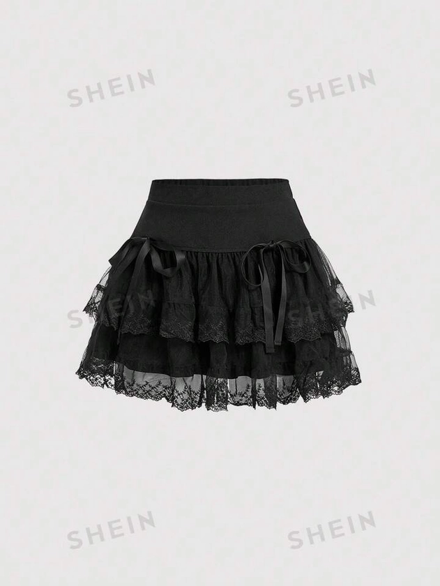 SHEIN MOD Falda De Malla Multicapa Con Adorno De Lazo Para Mujer