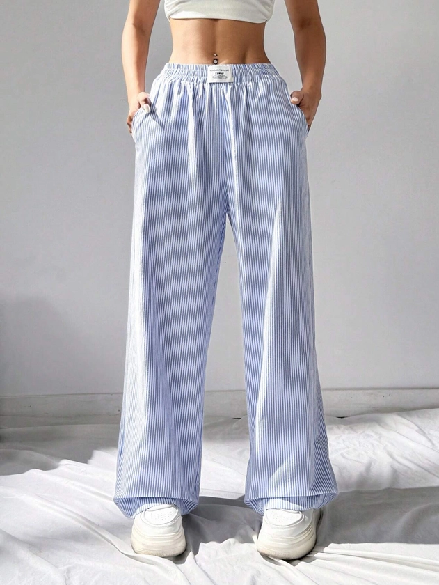 Casual Striped Plaid Detail Wide-Leg Straight Pants Shein