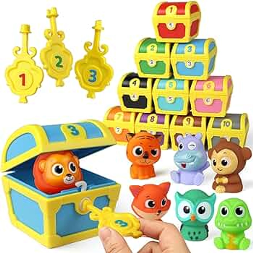 Coogam Fine Motor Skill Toys for Toddlers, 10pcs Surprise Animals Finger Puppets Treasure with Number Locks, Matching Color Sorting Pirate Hunt Game, Learning Montessori Gift for 3 4 5 Year Old
