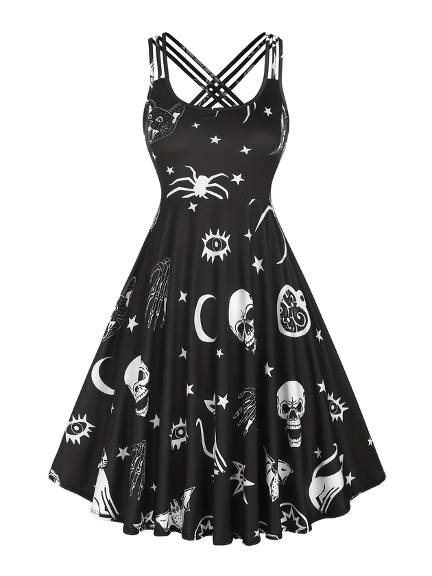 Halloween Graphic Print Aline Dress, Cute Criss Cross Back Swing Cami Dress, Women&#39;s Clothing