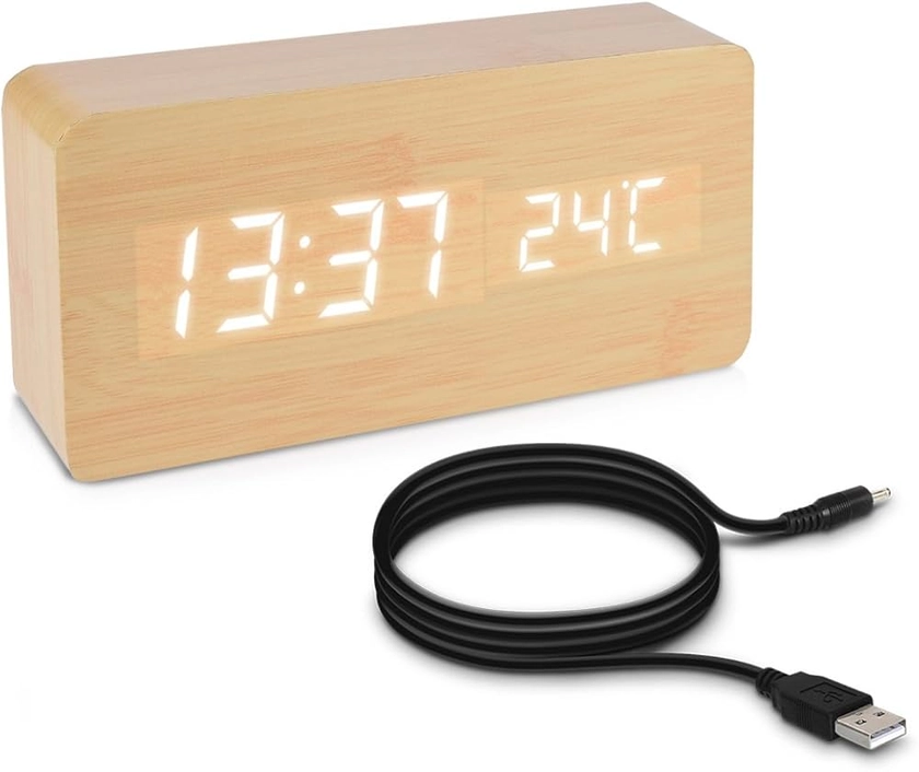 kwmobile Réveil Bois LED - Horloge Digitale Aspect Bois - Réveil Matin Tactile avec Fonction Date Heure Température - Rectangle Beige et LED Blanc