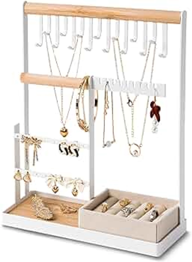 DreamGenius Jewelry Organizer Stand with Velvet Ring Holder, 4 Tier Jewelry Holder Organizer with 15 Hooks Necklace Organizer and Bracket Holder, Jewelry Stand with 16 Holes for Earring Holder, White