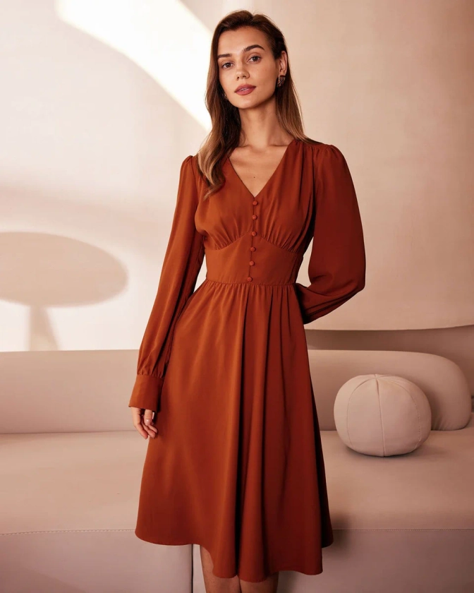 The Orange V Neck Pleated Button Midi Dress & Reviews - Orange - Dresses | RIHOAS