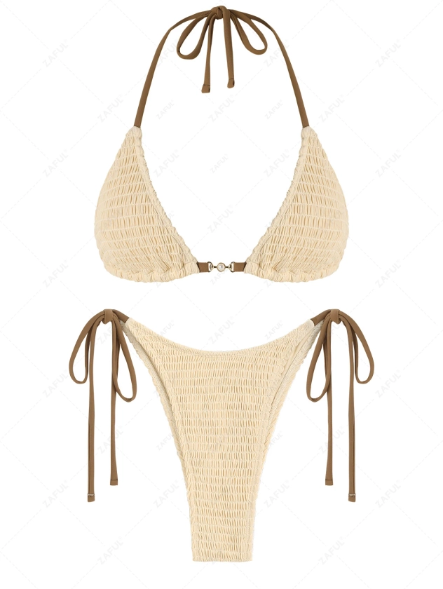 ZAFUL Tie Side Metal Hardware Shirred Smocked String Triangle Bikini Swimwear