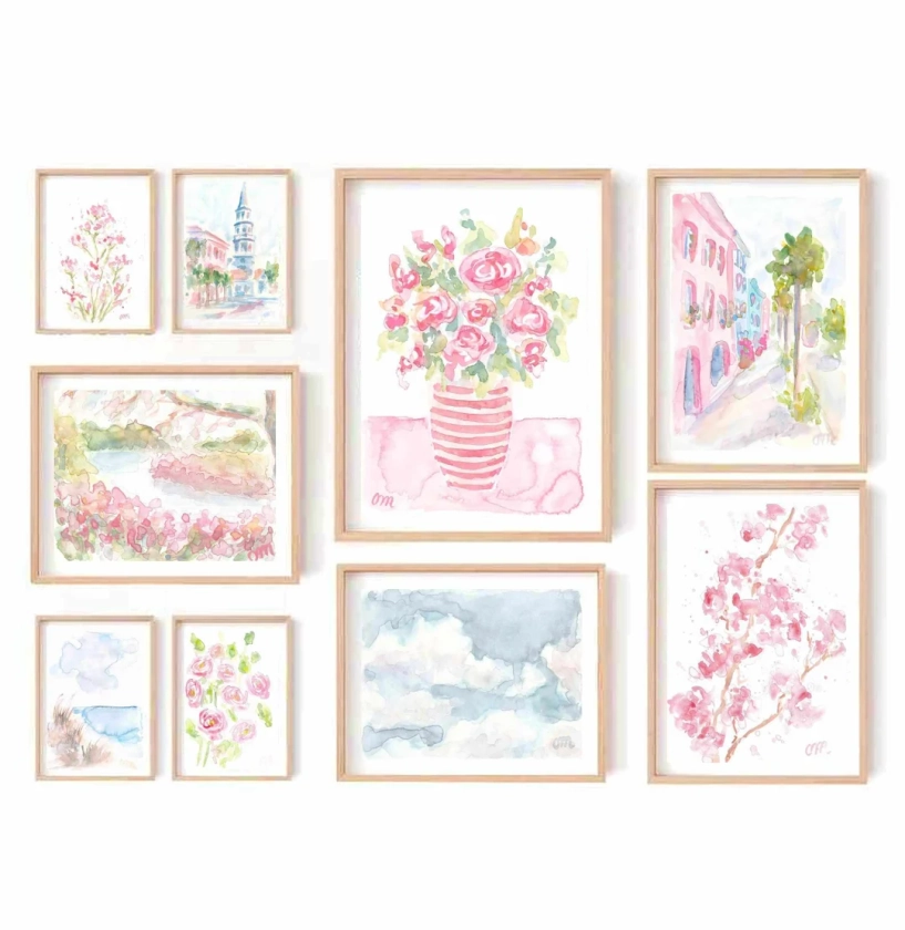 Pastel Pink Eclectic Floral Set of 9 Watercolor Prints 9 Piece Pastel Pink Gallery Wall Set Printable Wall Art Pink Flower Instant Download - Etsy