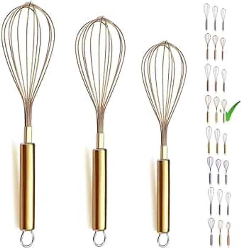 Berglander Gold Whisk Pack of 3 Stainless Steel 8",10",12", Titianium Plating Gold Whisks for Cooking, Beater,Wire Whisk Set Kitchen Wisk (Gold)
