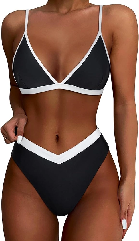 Amazon.com: SUUKSESS Women Triangle High Cut Bikini Sets Sexy High Waisted Color Block Two Piece Swimsuits Push Up Bathing Suits(Black White,M) : Clothing, Shoes & Jewelry