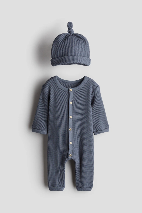 2-piece waffled cotton set - Round neck - Long sleeve - Dark dusty blue - Kids | H&M GB