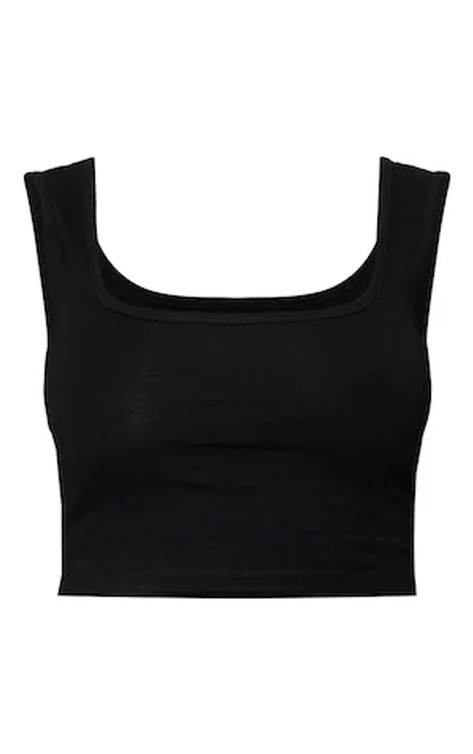 Basic Black Cotton Blend Square Neck Crop Vest