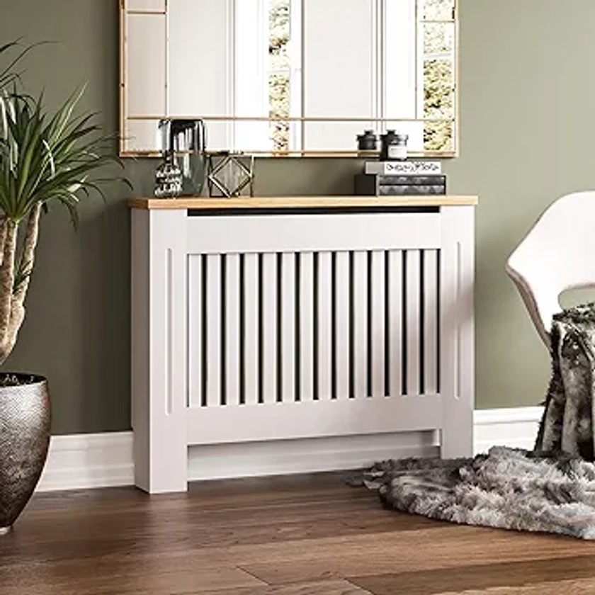 Vida Designs Arlington Cache-radiateur moderne à lattes, MDF blanc, étagère supérieure en bois, moyen