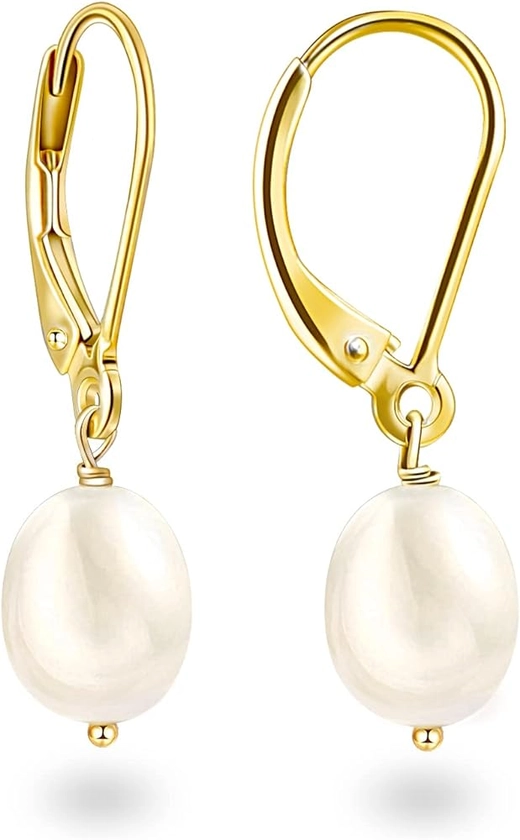 Women Yellow Gold Pearl Dangle Earrings, 14K Yellow Gold Plated Pearl Drop Earrings